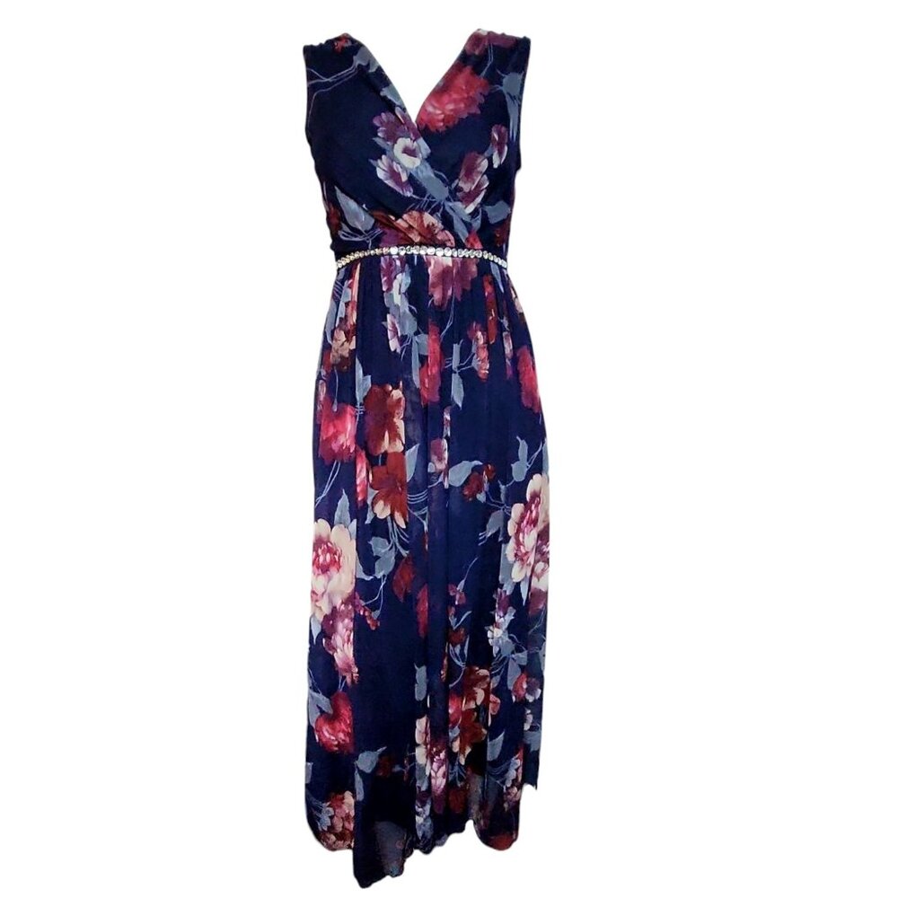 Alexa B Nites Dress Womens Size 6 Blue Floral‎ Sleeveless Pullover Jeweled Mesh
